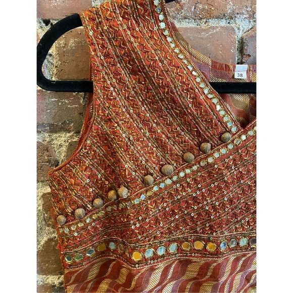 Beaded Ethnic Tunic Top Burnt Orange/Red/Gold Sleeveless V-Neck Women’s Size 38 - Picture 5 of 11